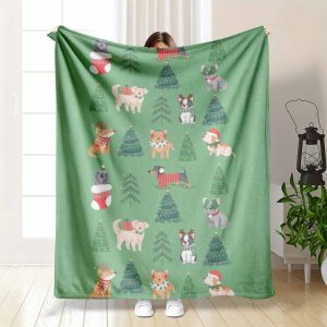 Festive Dogs Flannel Blanket, Christmas Tree Puppy Print Pattern, Super Soft, Cozy, Lightweight, Warmth, Perfect for Sofa, Bed, Travel, Holiday Decoration, Housewarming Gift.
