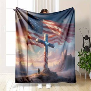 American Patriotism Flannel Blanket, Stars and Stripes Religious Cross Artwork, Super Soft Cozy Warm Lightweight, Perfect for Home Decor, Memorial Day, Veterans Day, Independence Day Gifts.
