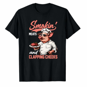 Smokin' Meats And Clapping Cheeks BBQ Pig Chef Graphic Tee, Funny Retro Barbecue Humor Shirt for Men Dad Grill Masters, Short Sleeve Printed T-Shirt
