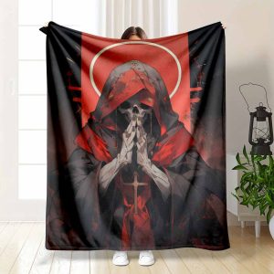 Gothic Skeleton Monk Flannel Blanket Red Black Hooded Cleric Cross Print Soft Warm Cozy Lightweight Decorative Throw for Bedroom Living Room Halloween Gift