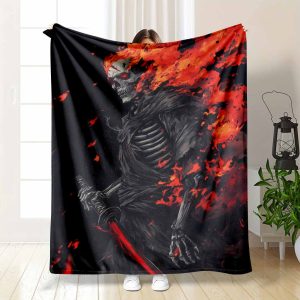 Fiery Skeleton Samurai Flannel Blanket， Burning Skull Warrior Art Print， Soft Warm Durable， Perfect for Bedroom， Living Room， Gaming Space， Halloween Party， Gothic Decor， Unique Gift for Friends