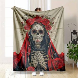 Gothic Skeleton Flannel Blanket Red Rose and Skull Art Print Soft Warm Durable for Bedroom Living Room Meditation Space Halloween Decor Gift