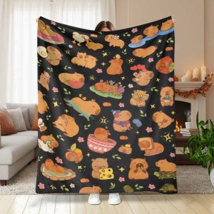 Capybara Flannel Blanket Cute Cartoon Animal Print Soft Cozy Lightweight Warm Decorative Throw for Sofa Bedroom Office Travel Picnic Gift