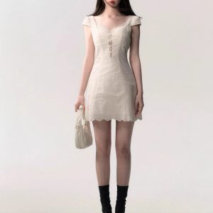 / "Pulsive Time" cream white simple slim lace splicing dress for women in summer texture