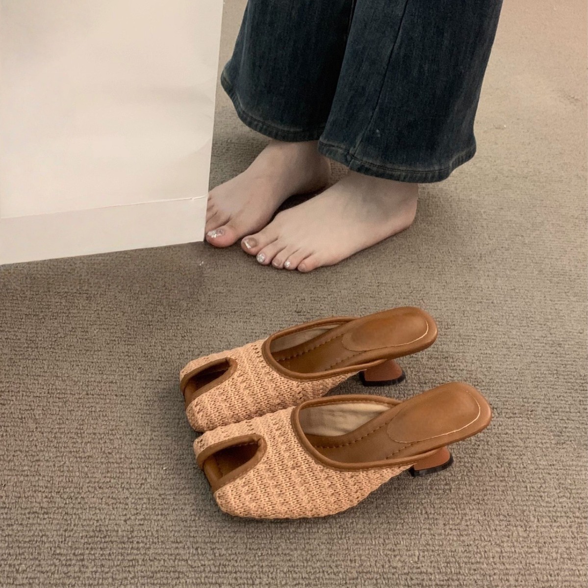 French niche high heel woven Birkenstock shoes for women wearing summer skirts for women