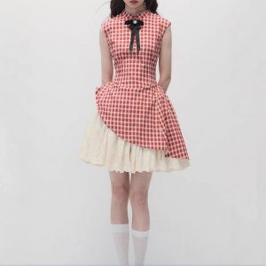 Strawberry cream pie, new Chinese style red plaid waist-hugging and slim small stand-up collar dress for women