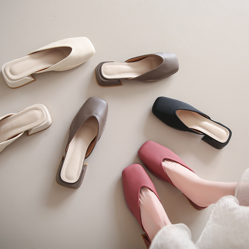 Baotou half slippers for women wearing spring and summer soft leather muller women's shoes mid-heel thick heel single shoes sandals