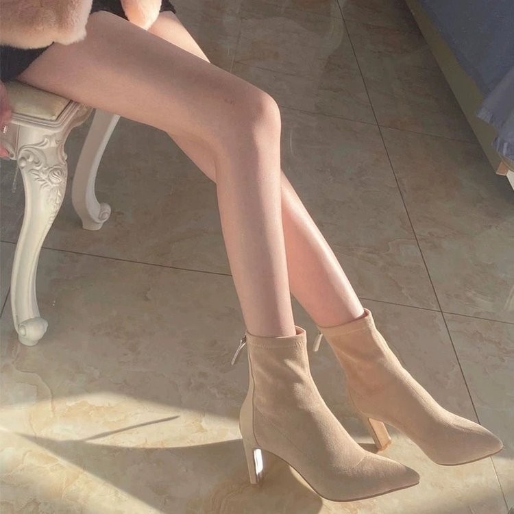 Nude suede elastic boots for women in autumn and winter color-blocking thick heeled mid-tube short boots rear zipper high heel Martin boots