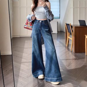 Real shot of Hong Kong style retro elastic wide-leg swaying jeans women's high waist temperament trousers long trousers